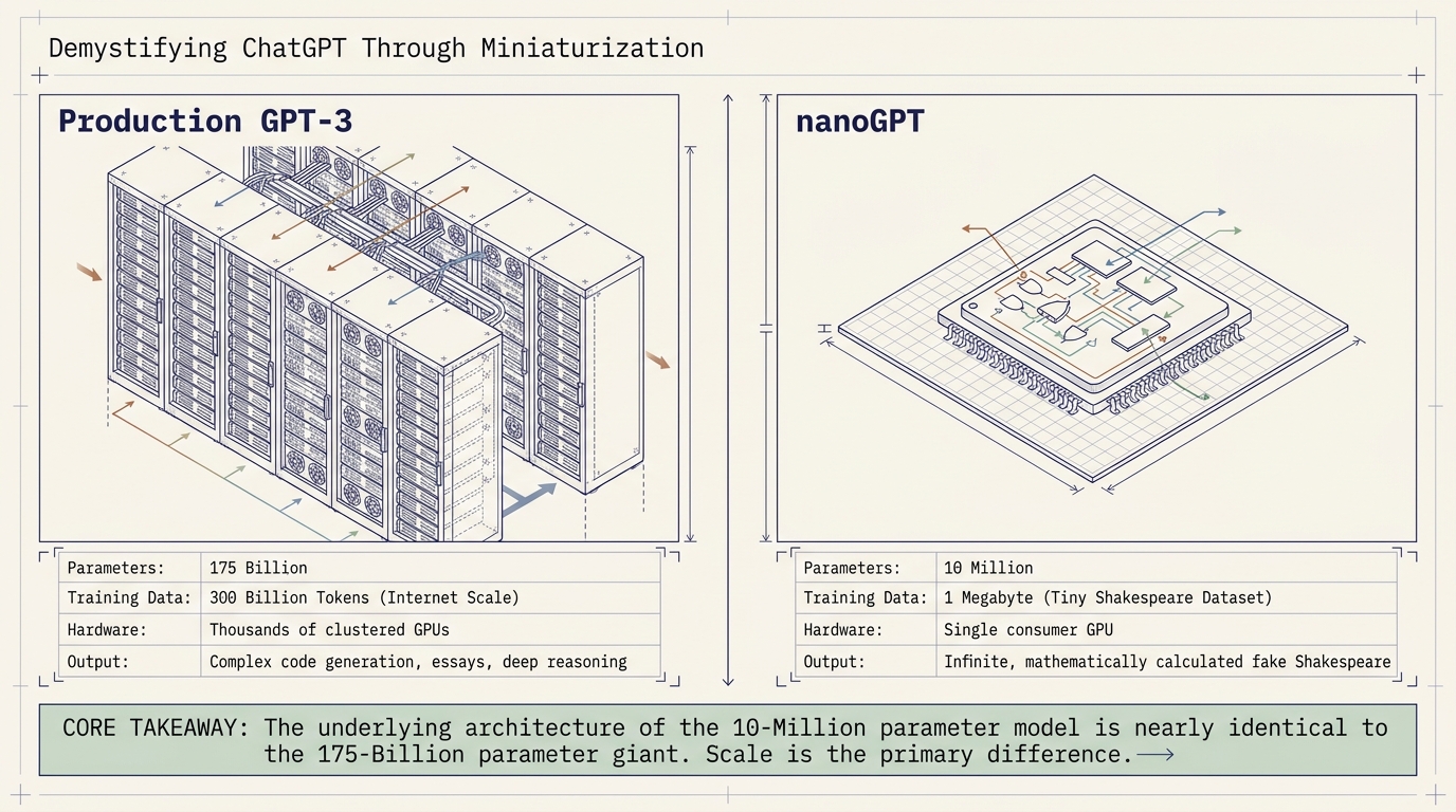 Production GPT-3 at 175 billion parameters next to nanoGPT at 10 million. The architecture is nearly identical; scale is the difference.