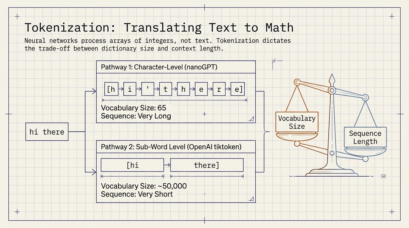 Two ways to tokenize: character-level, used by nanoGPT, with a vocabulary of 65 and very long sequences; versus sub-word, used by OpenAI, with a vocabulary near 50,000 and short sequences. A balance scale weighs vocabulary size against sequence length.